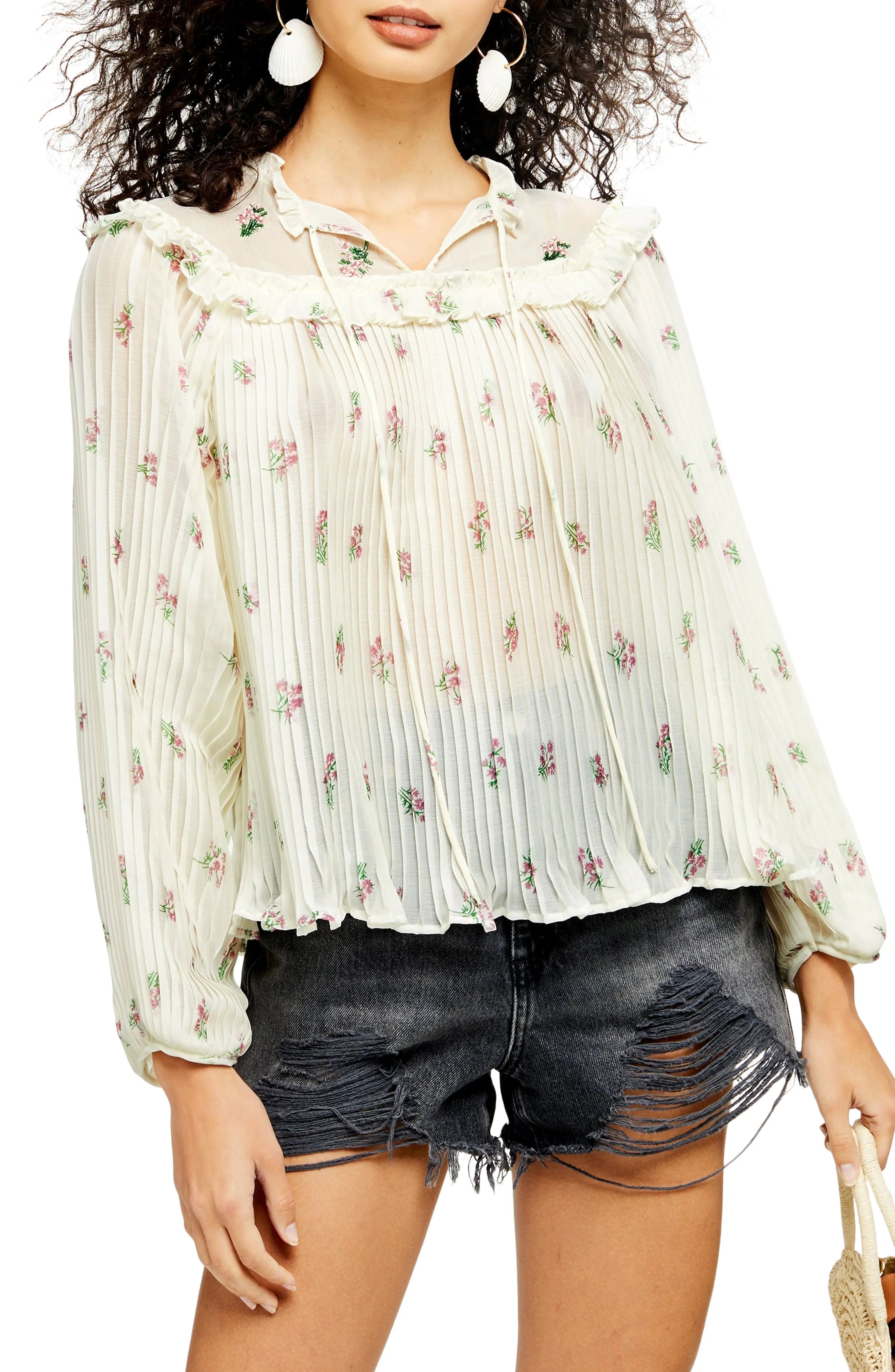 Floral Print Pleated Ruffle Blouse | Nordstrom