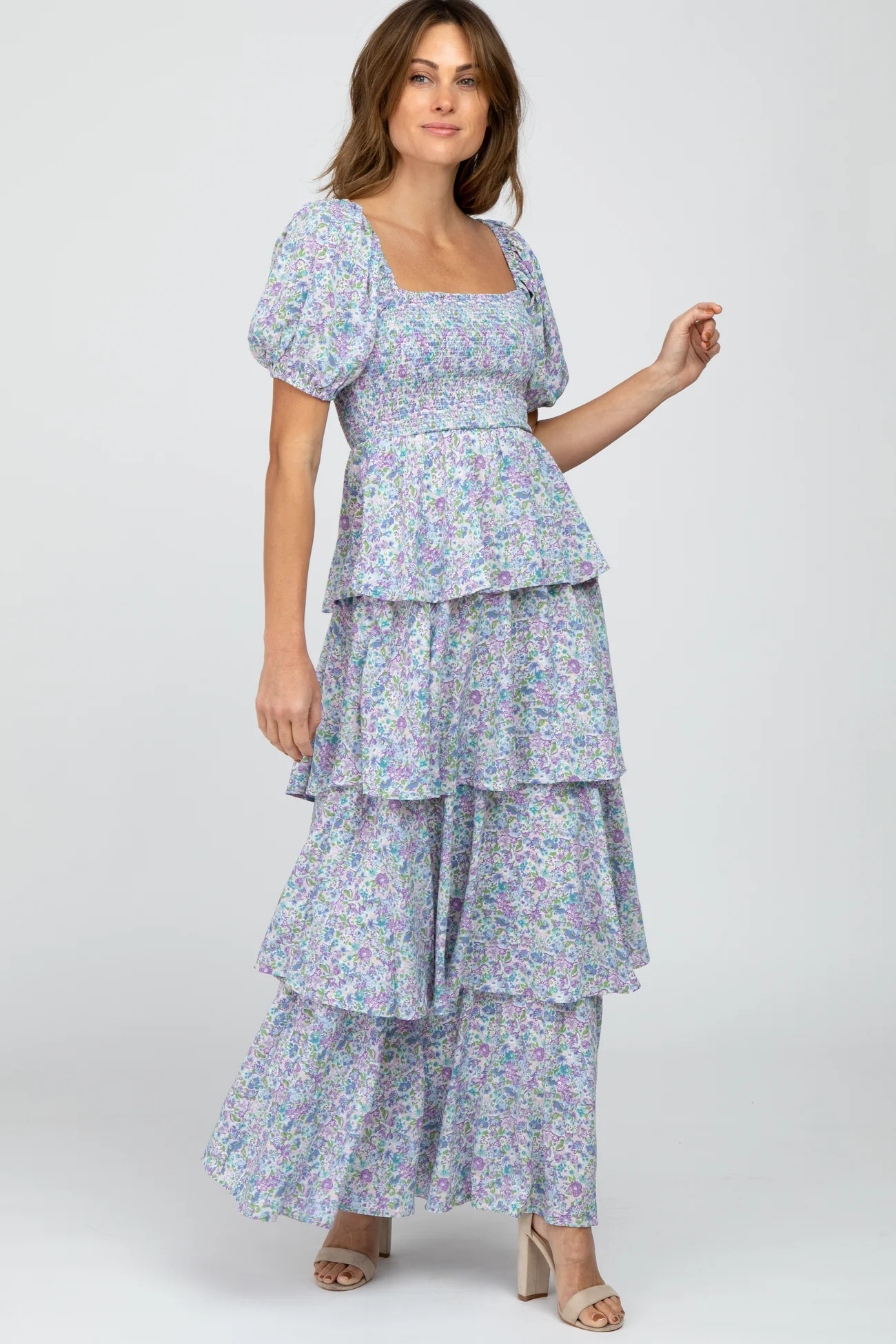 Blue Floral Square Neck Ruffle Layered Maternity Maxi Dress | PinkBlush Maternity