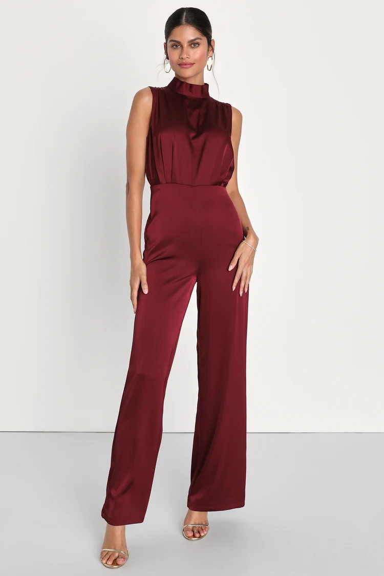 Classic Elegance Wine Red Satin Sleeveless Mock Neck Jumpsuit | Lulus (US)