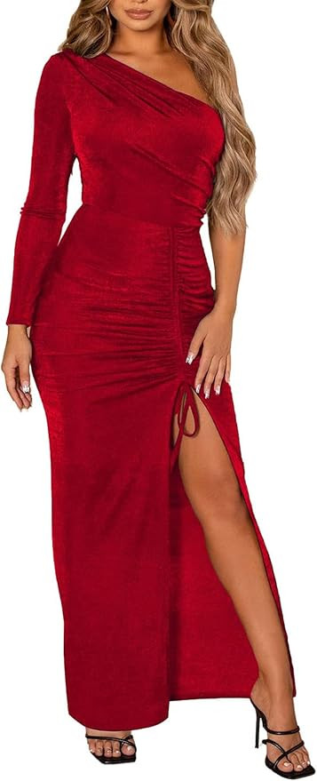 PRETTYGARDEN Women's One Shoulder Long Sleeve Velvet Dress Ruched Bodycon Drawstring Split Maxi D... | Amazon (US)