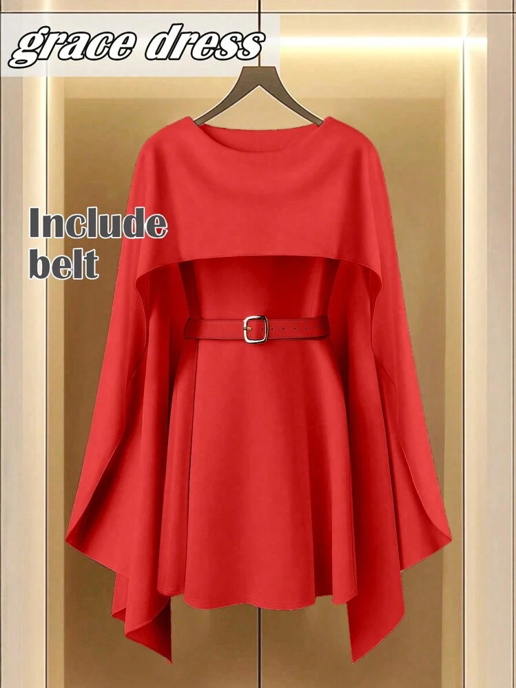 SHEIN Clasi Women's Standard Size Apricot Waist Gathered Hooded Pullover A-Line Short Dress | SHEIN