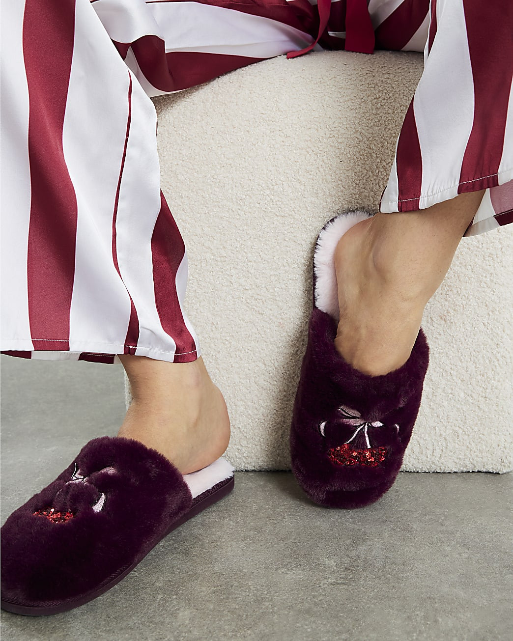 Red Embroidered Mule Cherry bow Slippers | River Island UK & IE