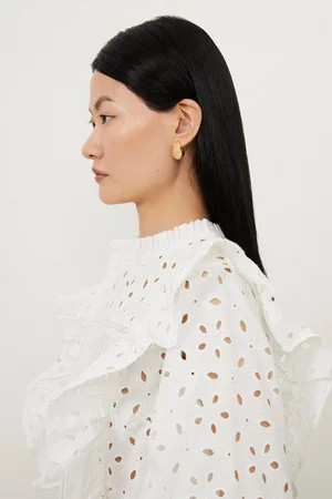 Embroidery Cutwork Frill Detail Woven Shirt | Karen Millen US