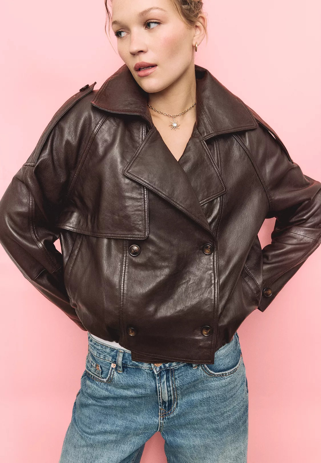 Oversize 100% leather trench coat | Stradivarius (UK)