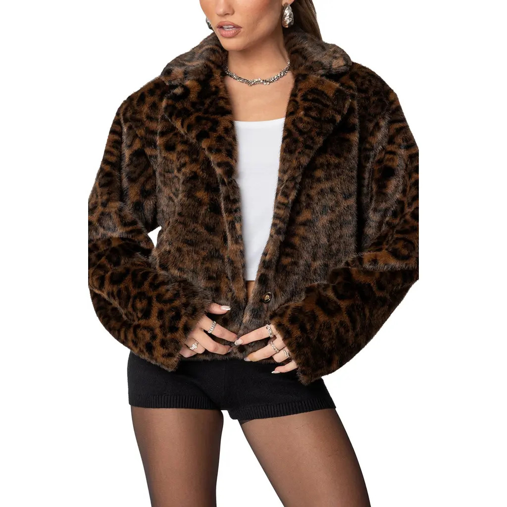 EDIKTED Lady Leopard Faux Fur Jacket in Brown at Nordstrom, Size Large | Nordstrom