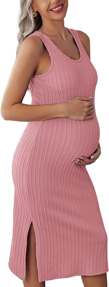 Ekouaer Women's Maternity Dress Rib Knit Sleeveless Nightgowns Tank Side Slit Bodycon Dresses S-X... | Amazon (US)