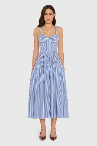 Amanda Uprichard Spencer Midi Dress in Bayhaven Stripe in Blue Ivory - Size M | Amanda Uprichard