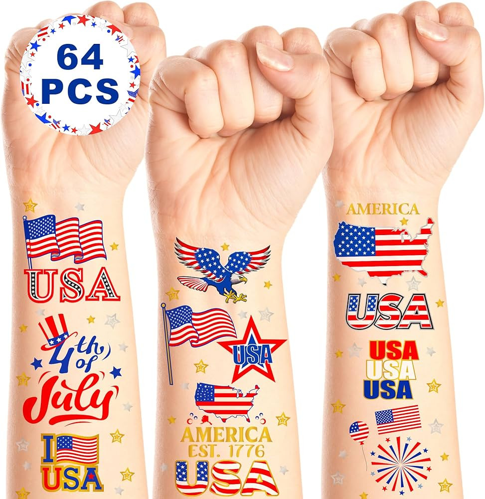 64PCS 4th of July Temporary Tattoos, Patriotic Party Face Body Decor, American Flag Fourth of Jul... | Amazon (US)