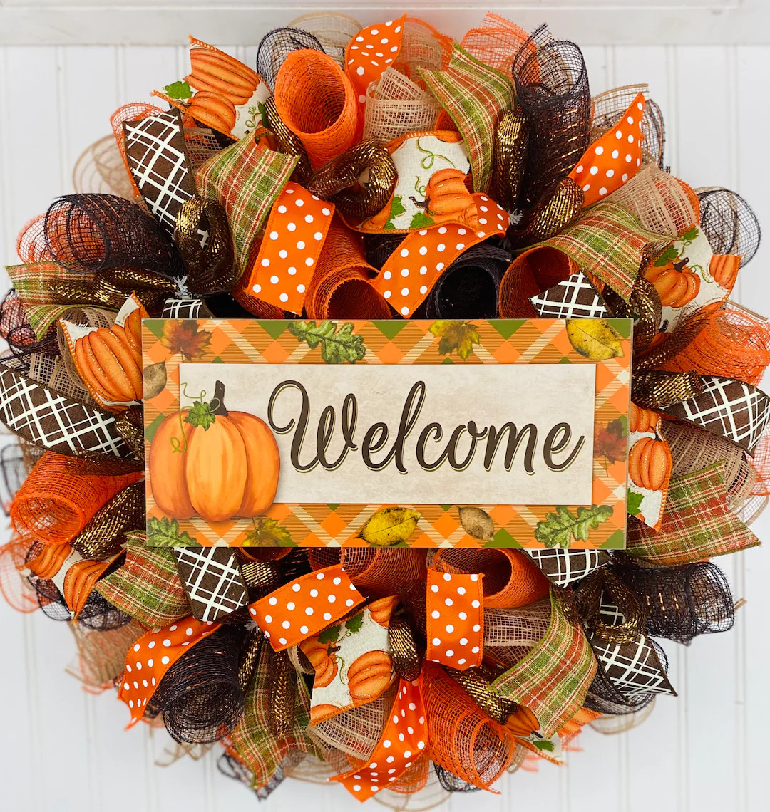 Fall Thanksgiving mesh front door wreath - orange brown burlap wreath for fall - fall wreaths - t... | Etsy (US)