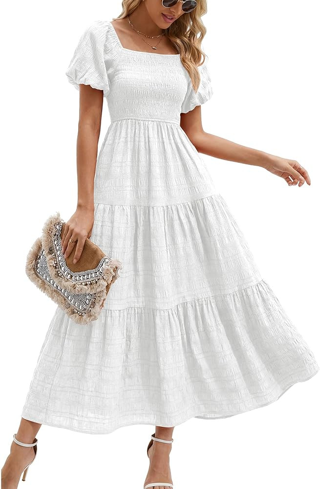 PRETTYGARDEN Womens Summer Puff Short Sleeve Maxi Dress Square Neck Smocked Tiered Ruffle A Line ... | Amazon (US)