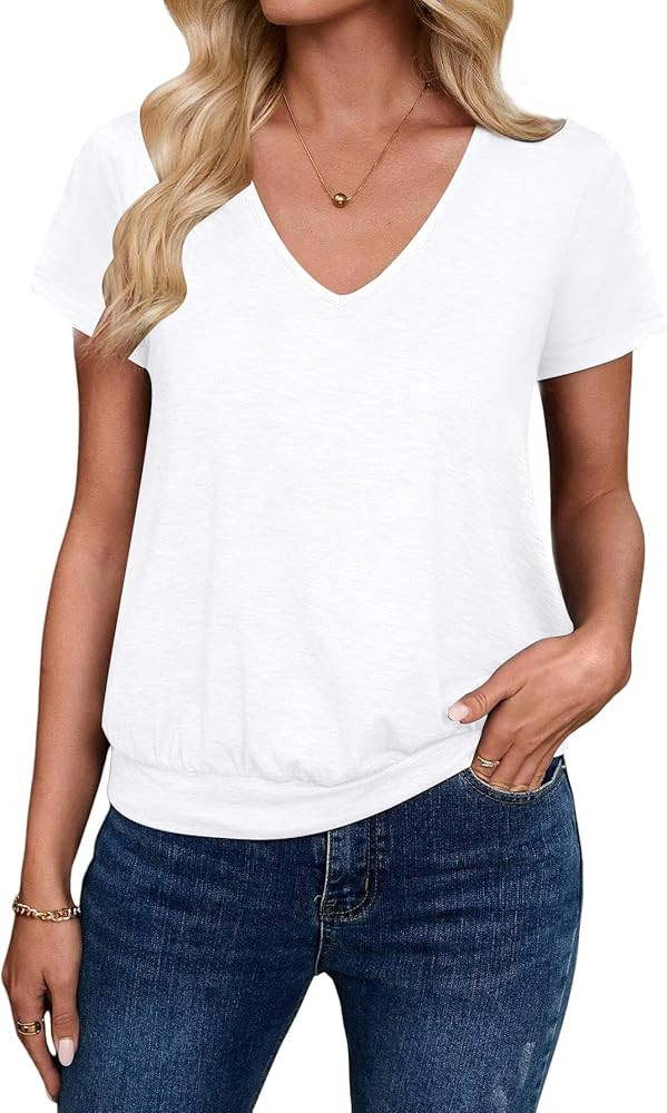 Sialois Short Sleeve Women T Shirts V Neck Banded Bottom Tops Casual Loose Shirts Summer Spring T... | Amazon (US)