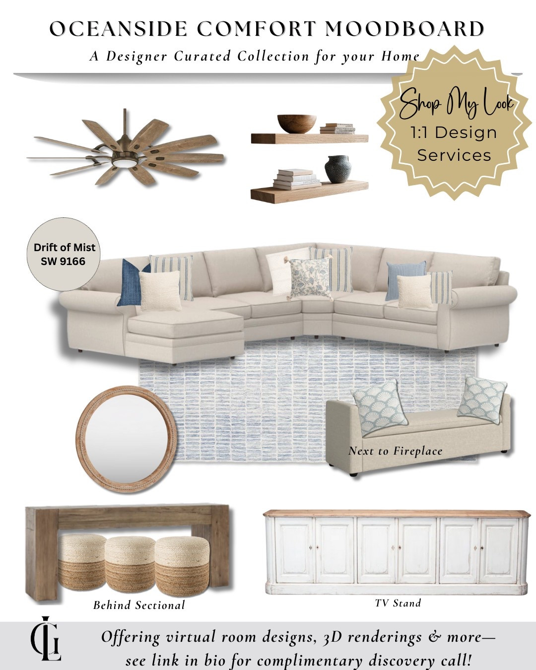 Bring relaxed elegance home with this Coastal Farmhouse living room—inspired by soft blues, natural textures, and timeless comfort. 🌊✨

This look pairs perfectly with Sherwin Williams Drift of Mist for a fresh, airy backdrop. Whether you’re styling a beach home or just love breezy, layered neutrals, these pieces are handpicked to create a space that feels calm, cozy, and coastal chic.

🛋️ Tap to shop this look—from the sectional to the mirror and console.

Want a custom design tailored to your space? I offer 1:1 design services including mood boards like this one. Visit www.gracielaindesign.com to get started!

#coastalfarmhouse #livingroomstyle #modernfarmhousestyle #ltkhome #moodboardinspo #driftofmist #interiordesignideas #shopmylook #gracielaindesign #neutraldecor #coastalstyle #farmhouseinspo #homestylingideas #ltkdesigner