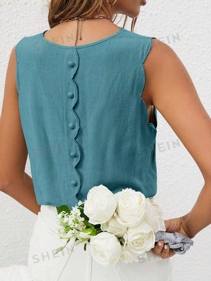 SHEIN Frenchy Solid Button Back Scallop Trim Blouse | SHEIN
