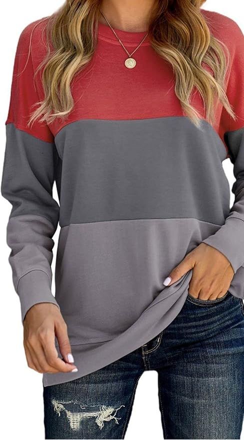 FANGJIN Womens Fall Long Sleeve Sweatshirt Fashion Casual Color Block Loose Pullover Tops Shirts | Amazon (US)