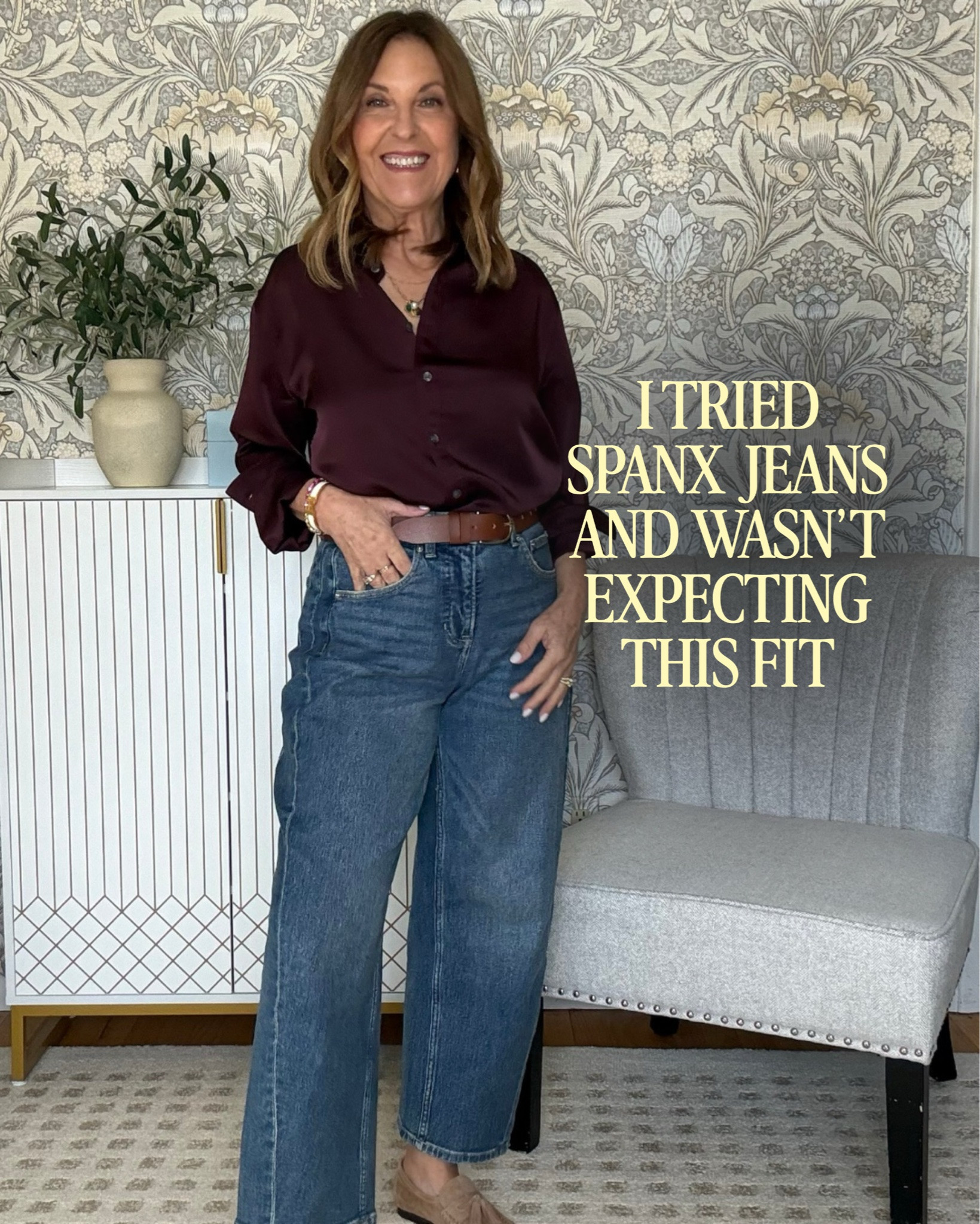 I wasn't expecting these SPANX jeans to fit this well.

They fit well through the waist and hips, have a slight barrel shape, and are very comfortable. Plus, the berry button-up is so pretty for fall.

Use promo code: SANDYKXSPANX for 15% off your first order with SPANX.