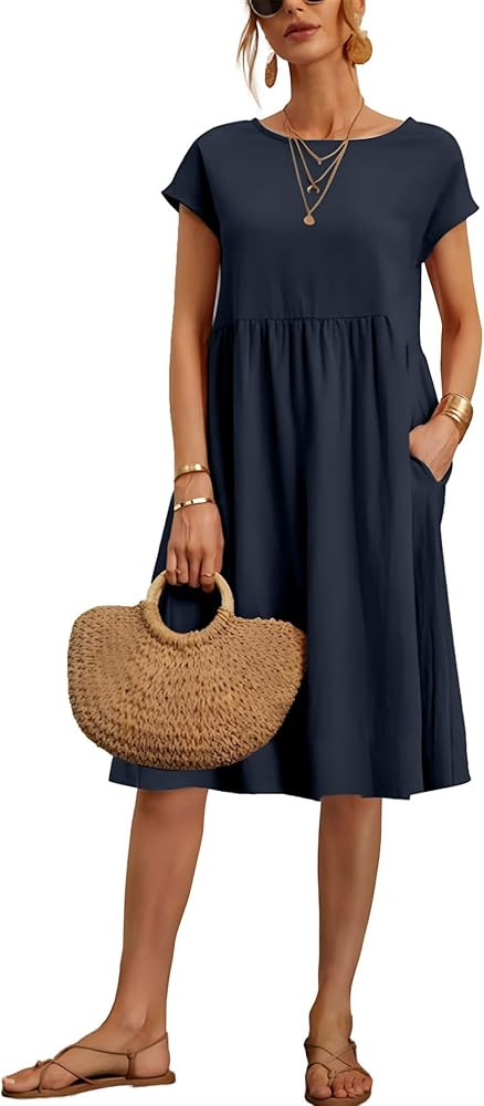 Baggy Crew Neck Dress for Women Casual Comfy Cotton Short Sleeve Tunic Beach Dresses with Pockets | Amazon (US)
