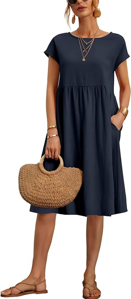 Baggy Crew Neck Dress for Women Casual Comfy Cotton Short Sleeve Tunic Beach Dresses with Pockets | Amazon (US)