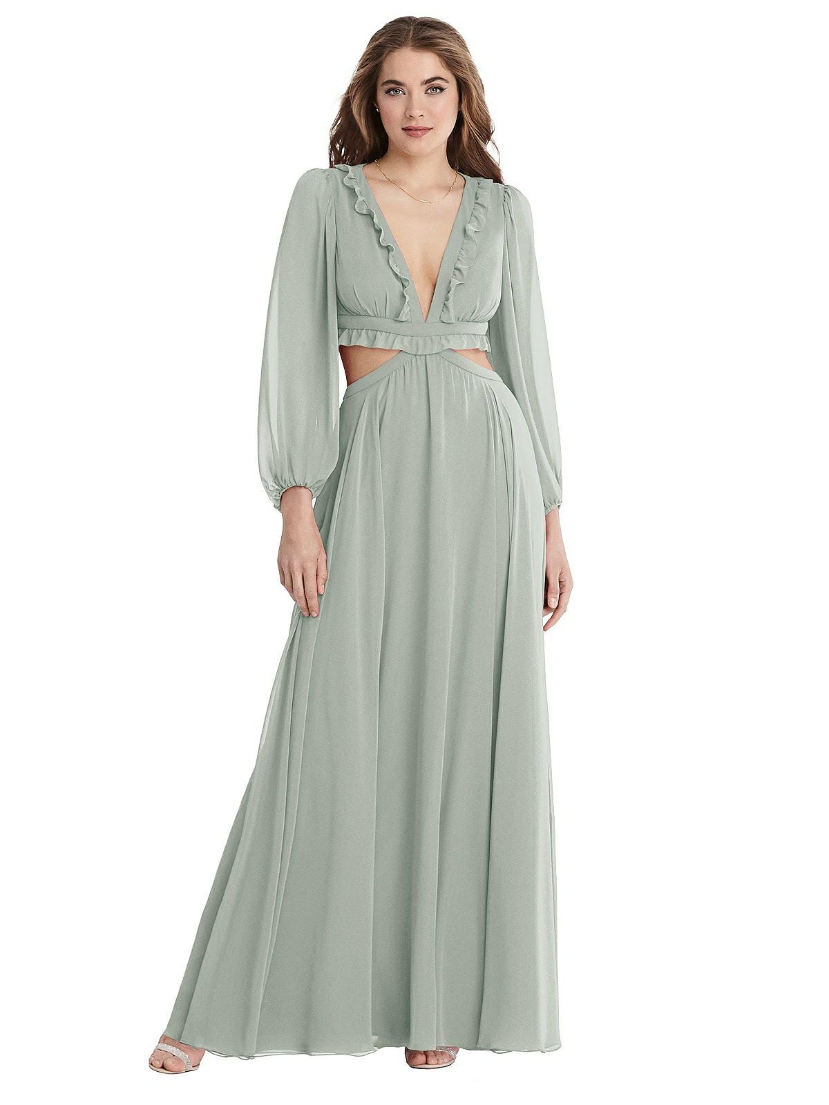 Bishop Sleeve Ruffled Chiffon Cutout Maxi Dress - Harlow | The Dessy Group