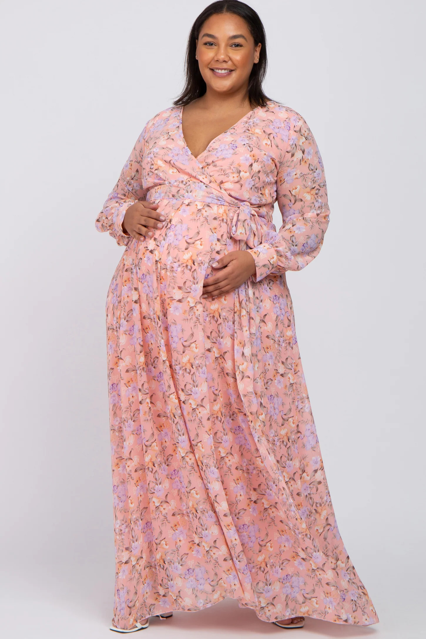 Pink Floral Chiffon Long Sleeve Pleated Maternity Plus Maxi Dress | PinkBlush Maternity