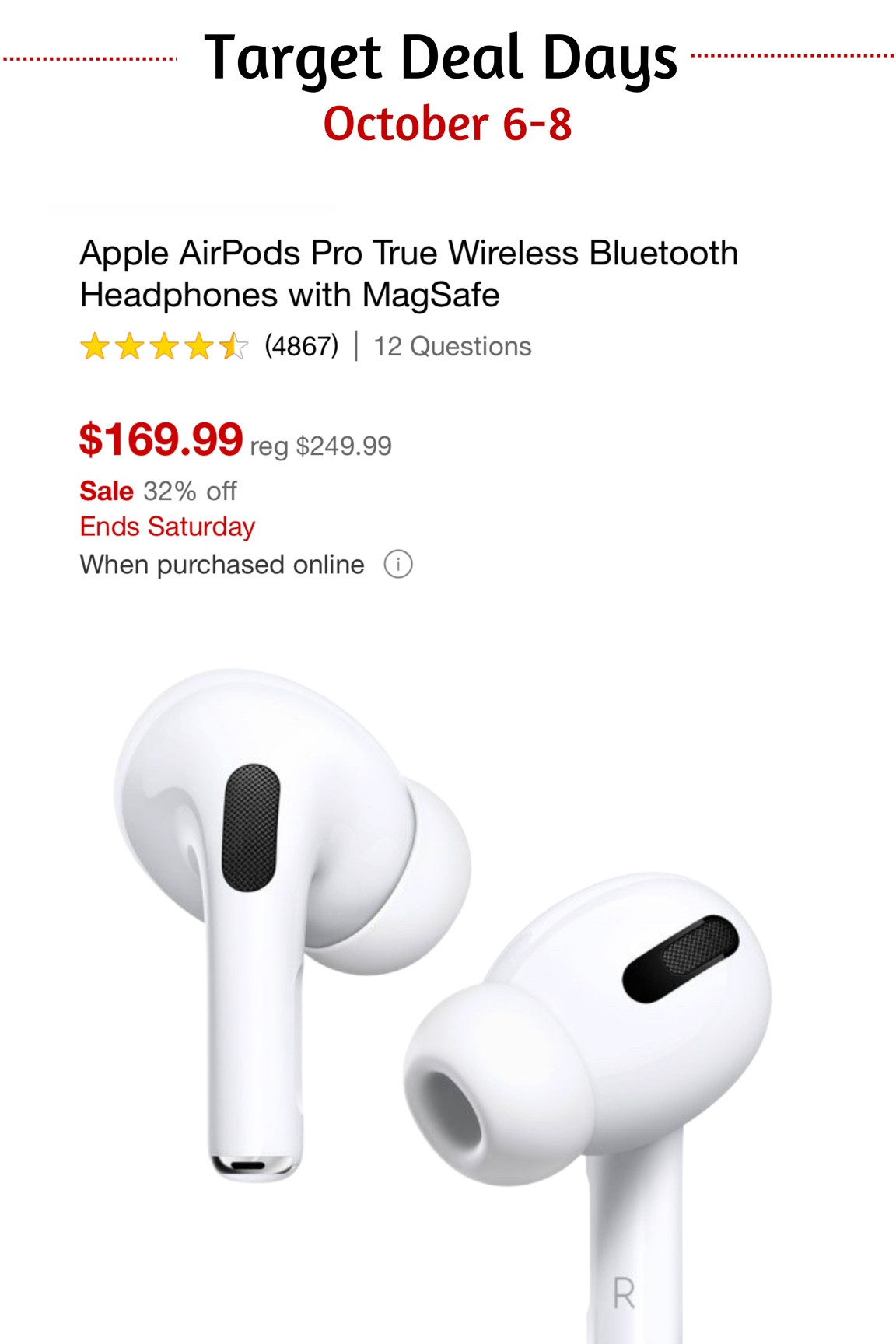 Target deal days. October 6-8th early Black Friday deals for three days! Apple AirPods Pro 

#LTKsalealert