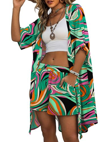 REDHOTYPE Womens Vacation Outfits Hawaiian Style 2 Piece Sets Colorful Print Long Cover Ups Half Sleeve Shorts Set Beach Dresses Colorful,M | Amazon (US)