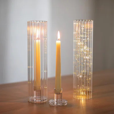 Ribbed Hurricane Glass Taper Candle Holders - Set Of 2 Fluted Candlestick Holder With Tall Cylinder Cover For Dining Table Decor(Ribbed) | Wayfair North America