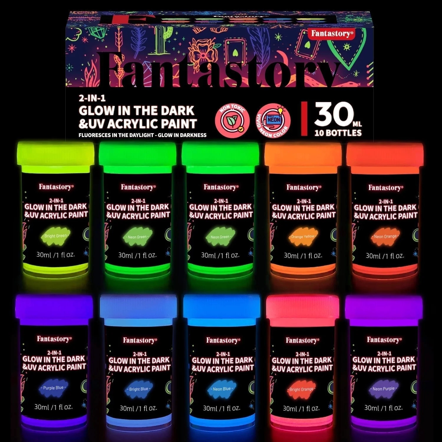 Fantastory Glow in the Dark Acrylic Paint Set, 10 Colors, 1 oz Bottles, Blacklight Craft Paint fo... | Walmart (US)