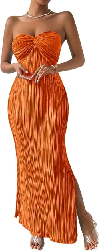 Women's Strapless Maxi Bodycon Dress for Summer Tie Back Split Beach Vacation Sexy for Wedding Gu... | Amazon (US)