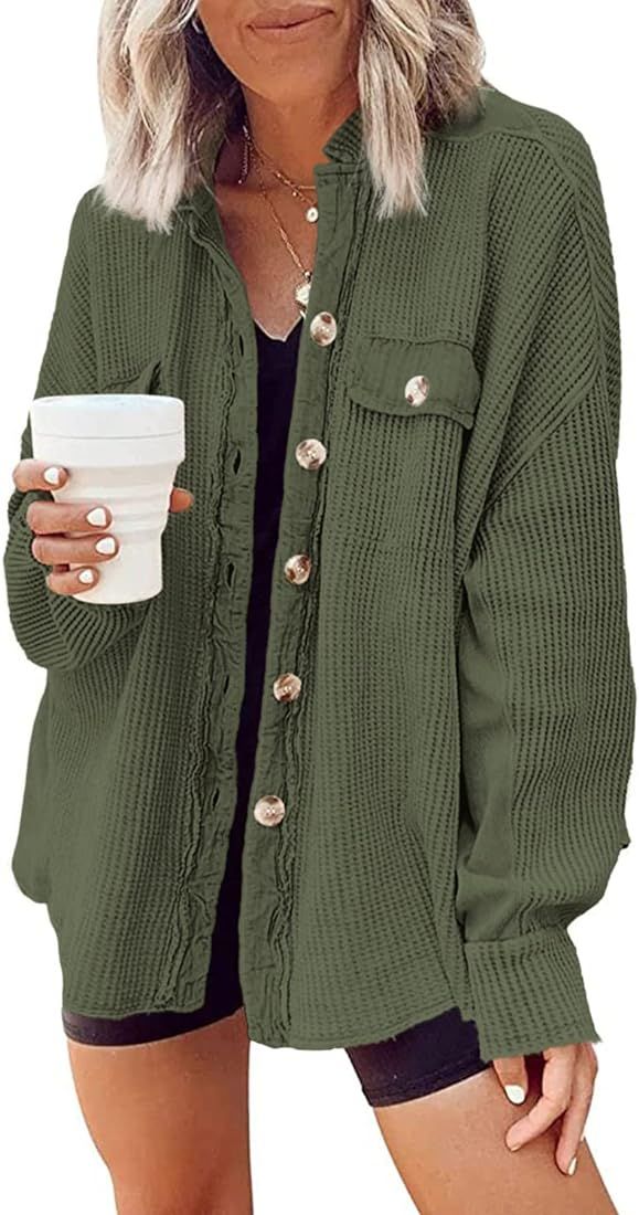 Womens Waffle Knit Shacket Boyfriend Shirt Jacket Button Down Blouse Loose Fit Long Sleeve Tops | Amazon (US)