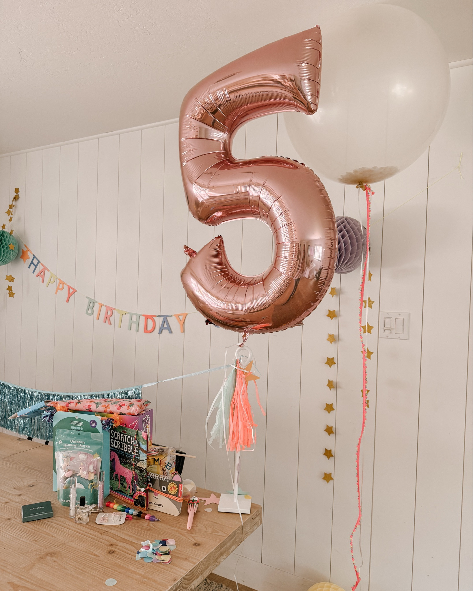 A simple set up for a 5th birthday at home with our girl. She didn't want much and the few things we got she loved. Set up a little stuffy "party animal" crew with some Pokémon cards, hungry hippo and the claw machine was a huge hit. Here's the decorations and gifts. 

#LTKKids #LTKParties #LTKFamily