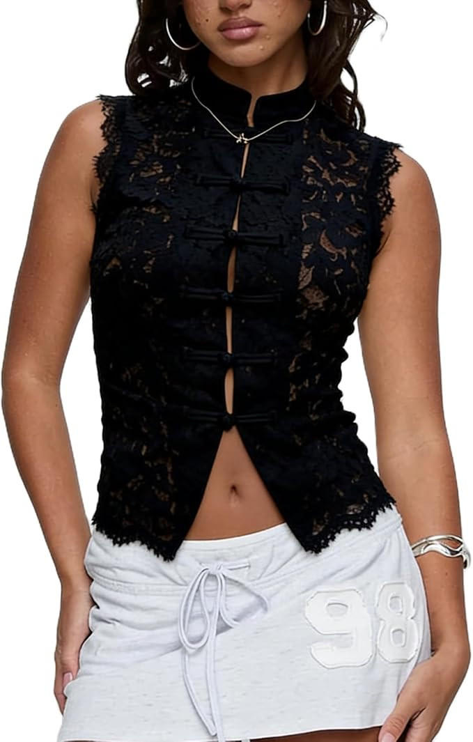 Womens Lace Mandarin Collar Split Tank Top Sleeveless Shirt | Summer Going Out Cropped Top Coquet... | Amazon (US)