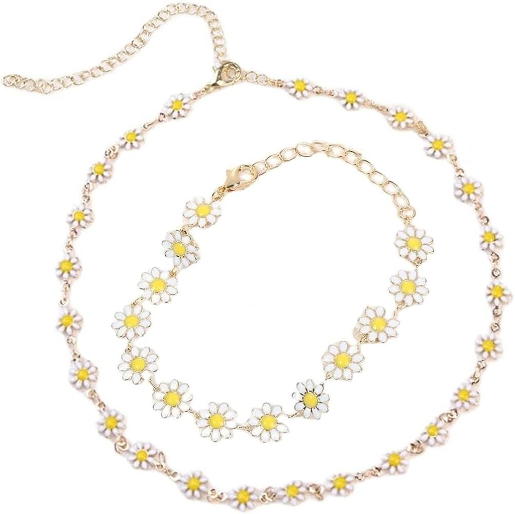 Pingyongchang Daisy Flower Necklace Bracelet for Women Bohemian Enamel Daisy Choker Necklace Brac... | Amazon (US)