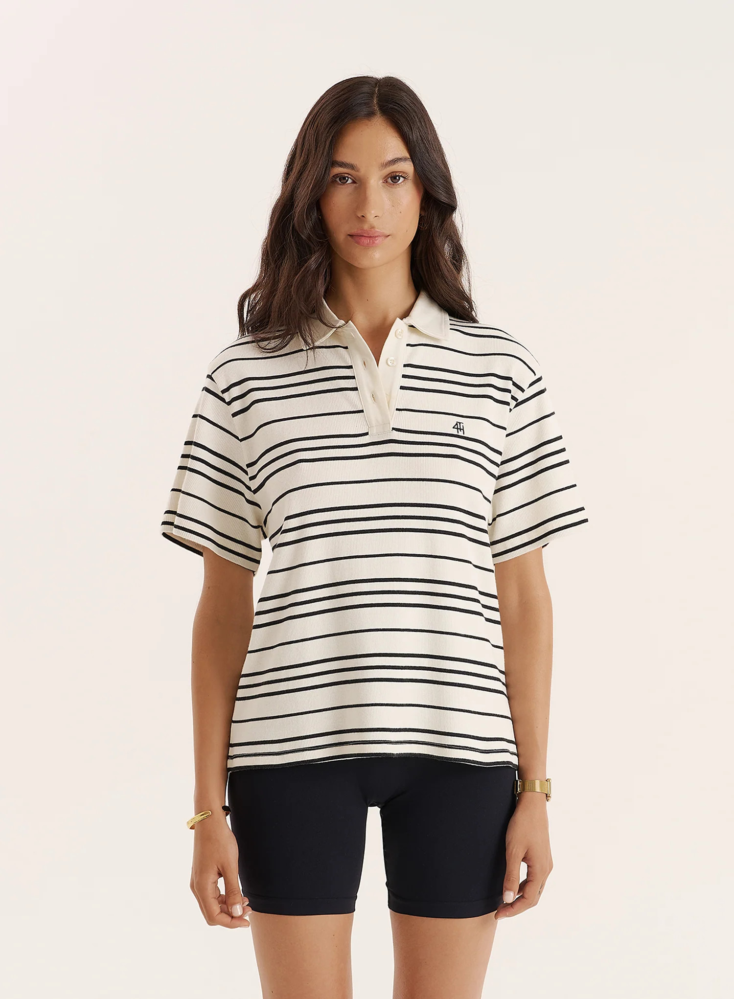Cream Stripe Short Sleeve Polo Top- Ralph | 4th & Reckless