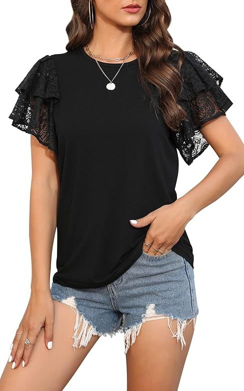 Byinns Women's Lace Ruffle Sleeveless Round Neck Summer Blouse Top | Amazon (US)