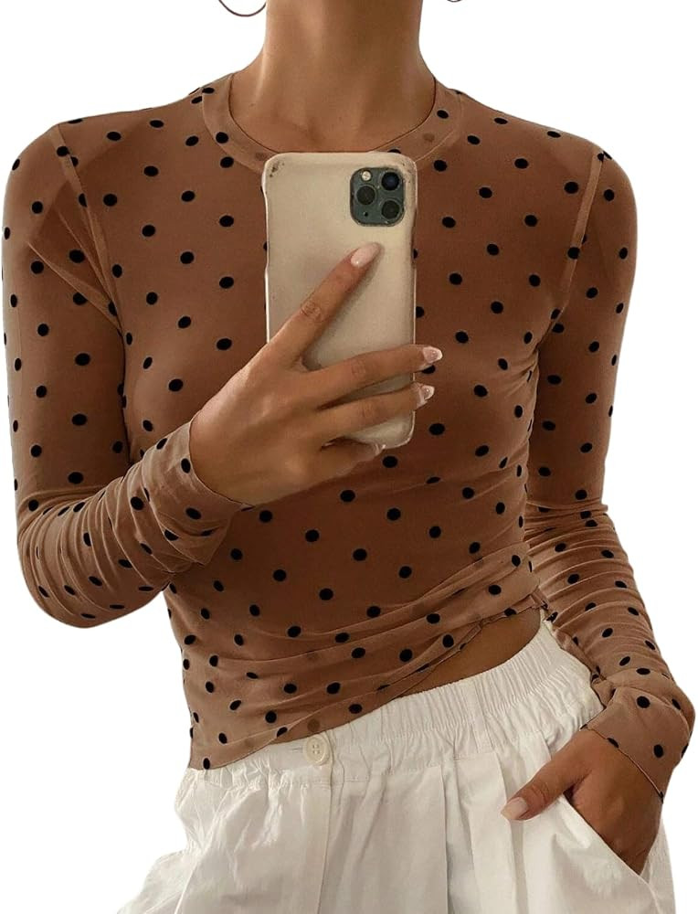Women Polka Dot Sheer See Through Mesh Top Long Sleeve Crew Neck Slim Fit Causal T Shirt Sexy Fal... | Amazon (US)