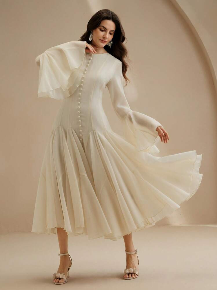 Anewsta Elegant Milky White Long Sleeve A-Line Dress With Button Decor Bell Sleeves | SHEIN