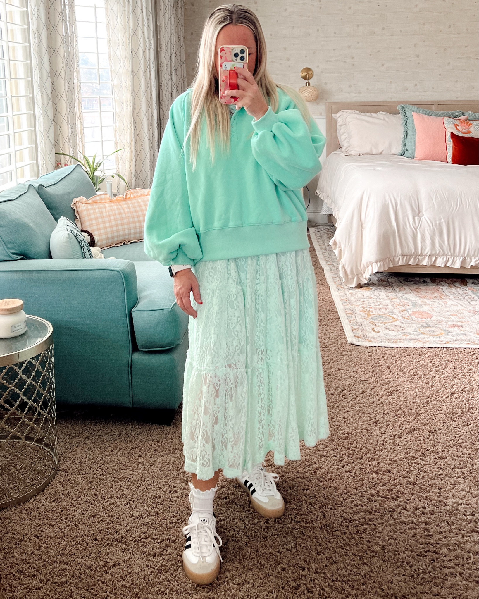 Part 1! 👀I’m trying this mint pullover in a few different looks today-keep an eye out for more posts! I think this one is going to be my favorite though!  {Contact me for exact dress link! @makeaprettylife}
.
 I love the mix of the casual top with the lace skirt and sneakers! And the cute socks are a must accessory! It’s so fun and so comfy! I’m always in the comfy mood…and cute can be comfy, too!
.

#ootd #ootdfashion #amazonfashion #amazoninfluencer #momstyle #momstyleinspo #over40fashion #affordablefashion #newlook #flatteringfit #utahfashion #momfashion #momootd #casualfashion #errandfashion #workathomefashion #over40style #comfyclothes #patternjeans #lacedress #laceskirt #adidas #sambas #skirtandsneakers #ldsfashion #modestfashion #streetwear #casualstreetwear

#LTKOver40 #LTKFindsUnder50