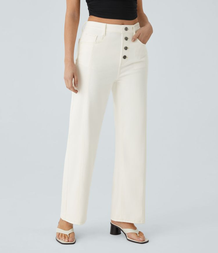 Damen Halara Flex™ Lässige Mom Jeans aus elastischem Strick-Denim mit hohem Bund, dekorativen ... | Halara - DE