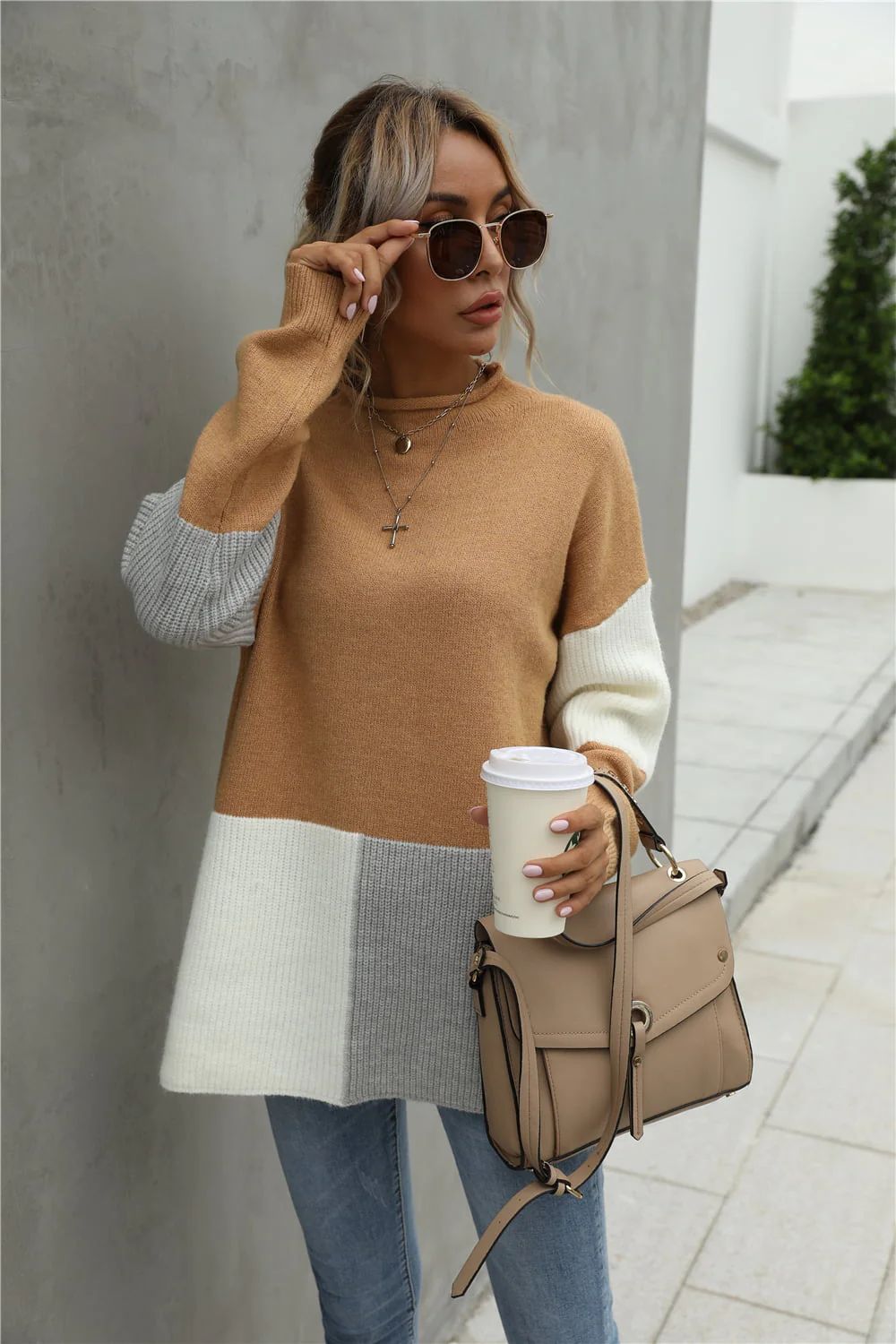Color Block Round Neck Dropped Shoulder Sweater | Casual Chic Boutique