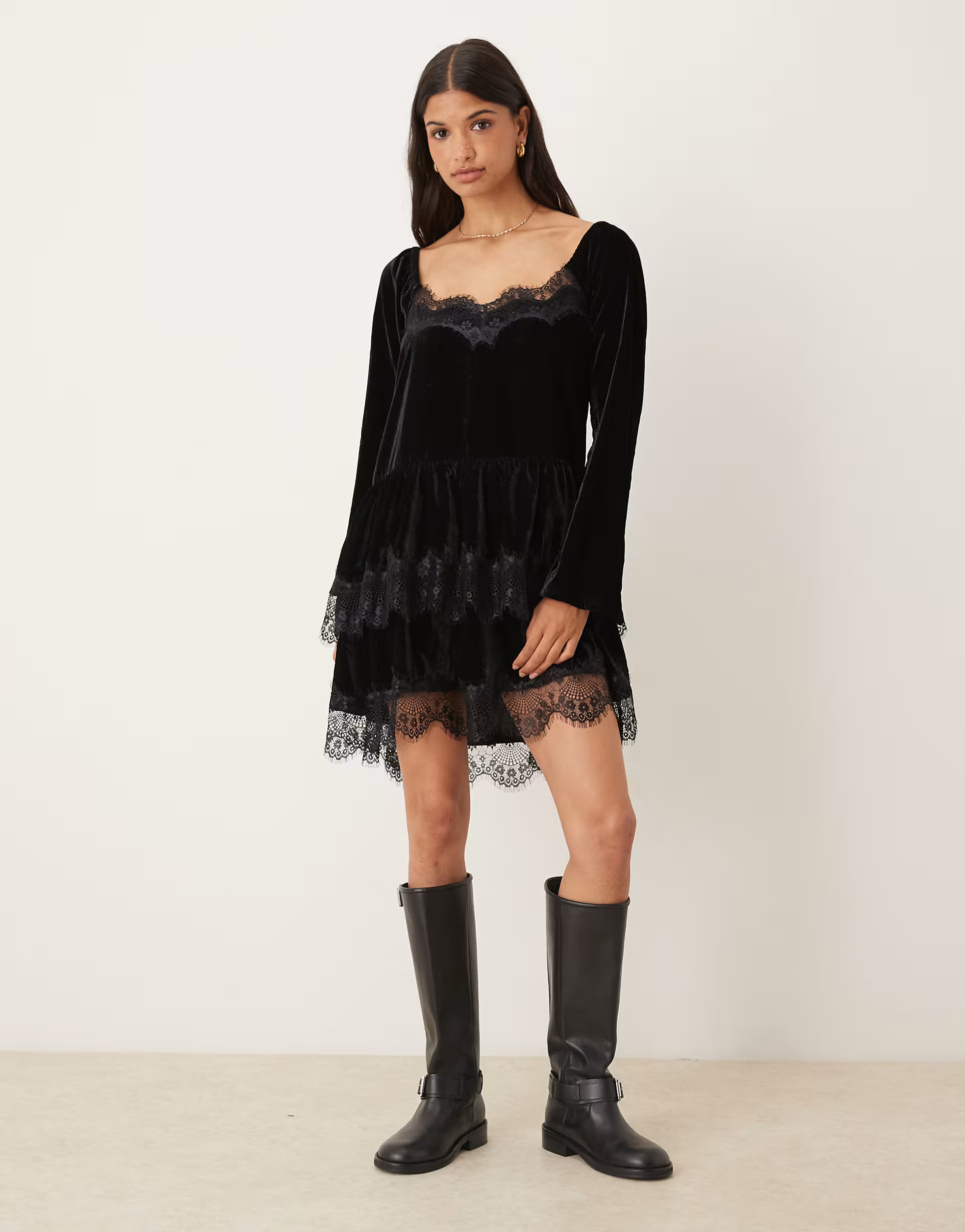 ASOS DESIGN long sleeve sweetheart neckline mini dress in black velvet | ASOS | ASOS (Global)