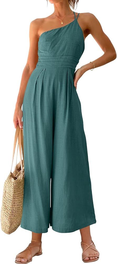 ANRABESS Women's Summer Straps One Shoulder Pleated High Waist Casual Wide Leg Jumpsuit Romper with  | Amazon (US)