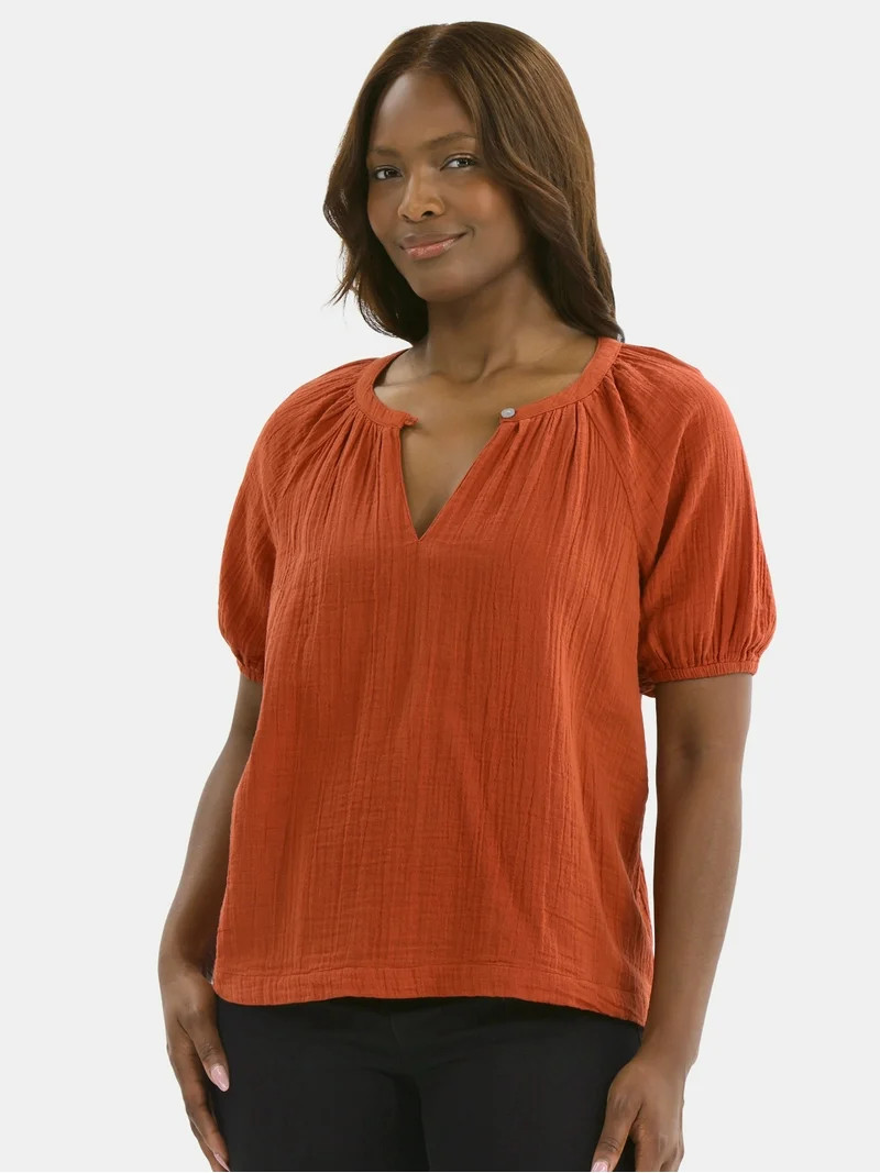 Time and Tru Women's Double Cloth Cotton Top with Short Sleeves, Sizes XS-XXXL | Walmart (US)