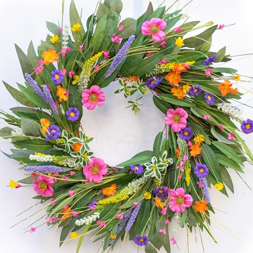 Spring Wreaths for Front Door 24 Inch Spring Wreath with Vibrant Flowers and Greenery, Spring Door Wreath for Front Door Perfect Wreath for Outdoor Spring and Summer Wreaths for Front Door Outside | Amazon (US)