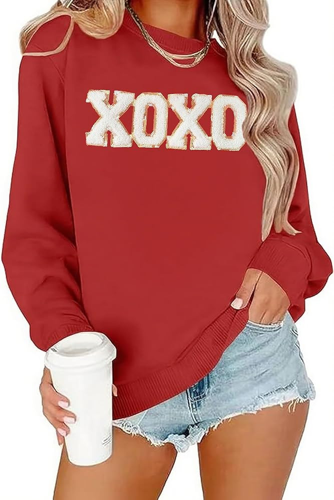 BINLANHANAT Valentine Sweatshirt Women Glitter XOXO Chenille Patch Pullover Top Novelty Valentine... | Amazon (US)