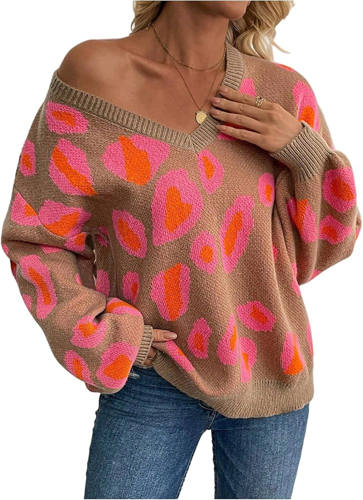 SOLY HUX Women's Leopard Print Knit Sweater V Neck Long Sleeve Tops Casual Pullover Fall Outfit | Amazon (US)