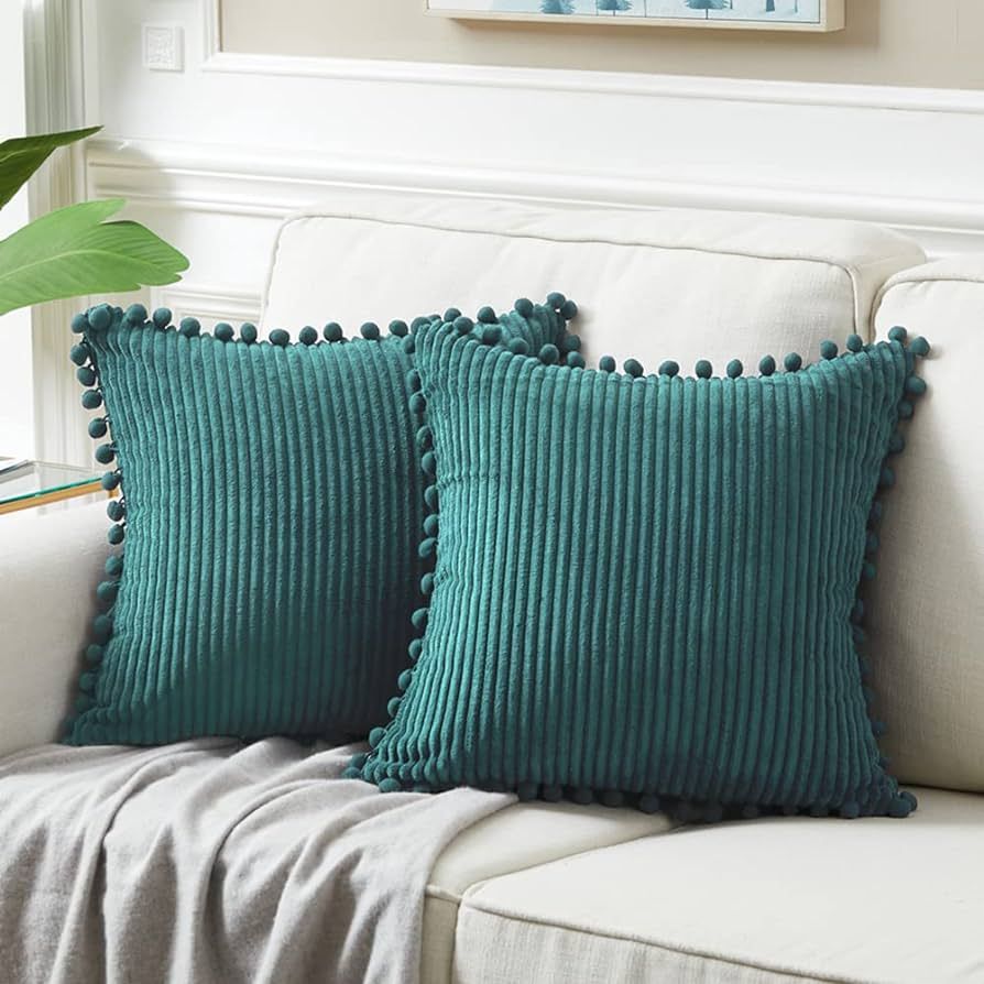 Fancy Homi 2 Packs Teal Decorative Throw Pillow Covers 18x18 Inch with Pom-poms for Living Room C... | Amazon (US)