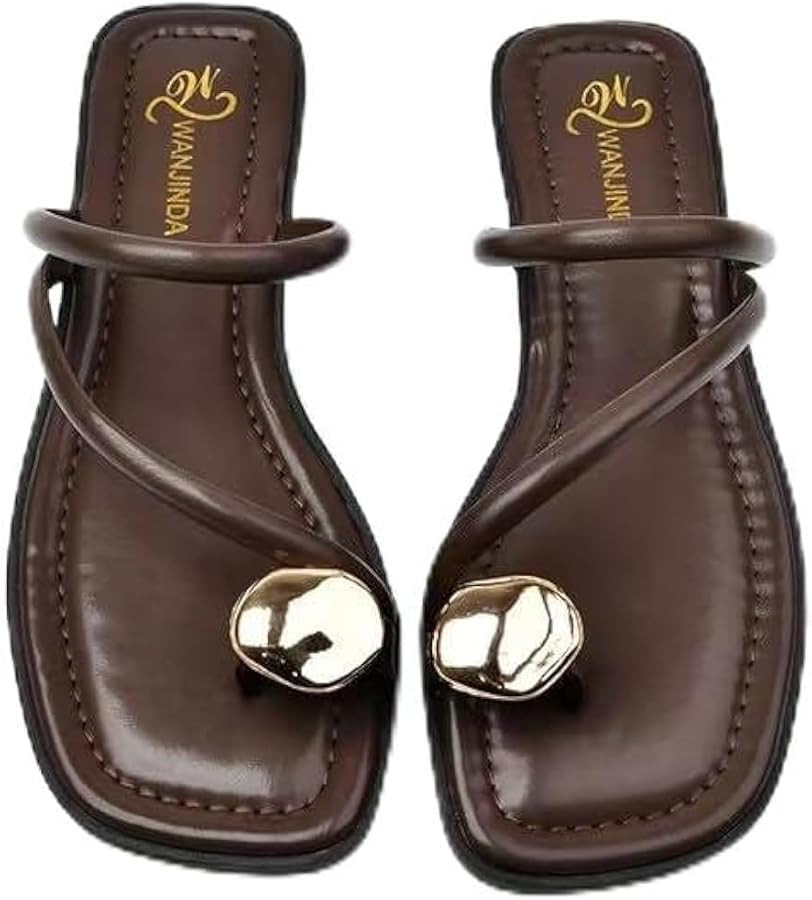 Women's leather strappy flat metal toe ring sandals fashionable square open toe low block heel sl... | Amazon (US)