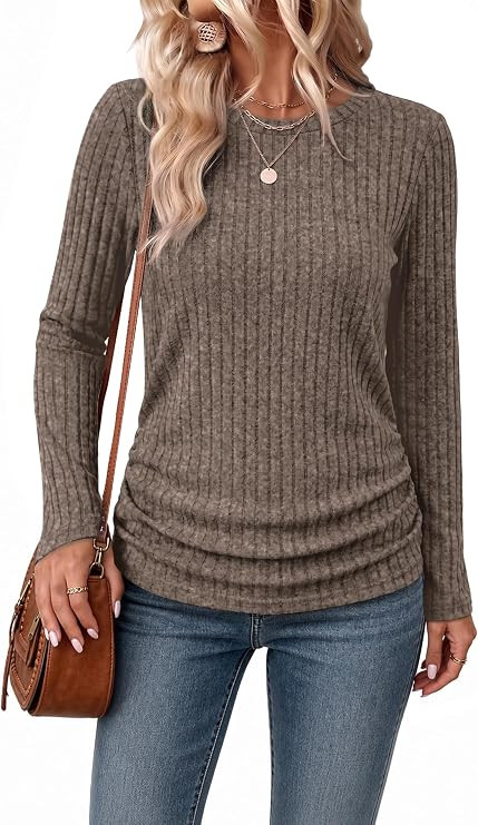 WIHOLL Womens Long Sleeve Shirts Side Ruched Ribbed Knit Casual Fall Tops | Crewneck,Soft,Comfy,E... | Amazon (US)