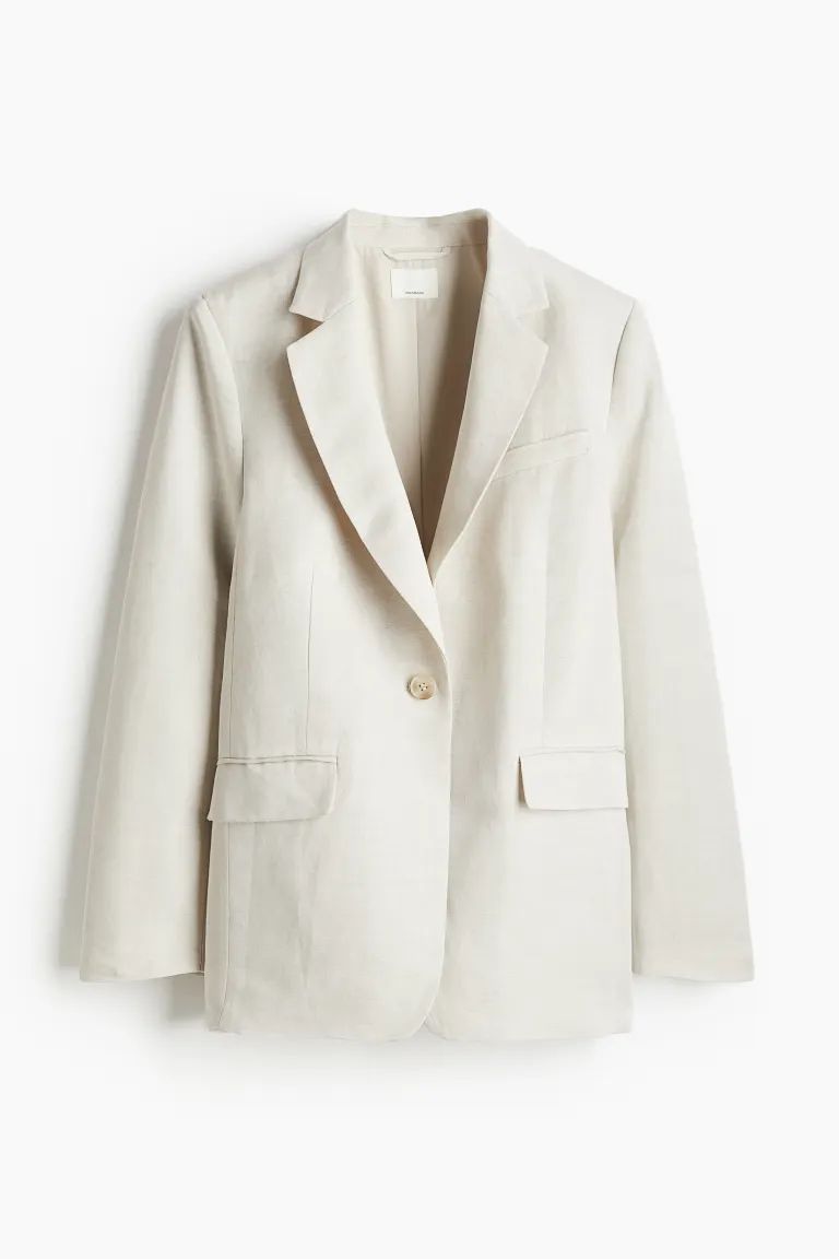 Linen-blend Blazer - Long sleeve - Long - Light beige - Ladies | H&M US | H&M (US + CA)