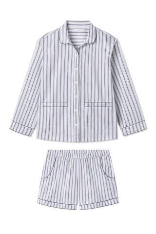 Poplin Piped Shorts Set in Navy Ticking Stripe | Lake Pajamas